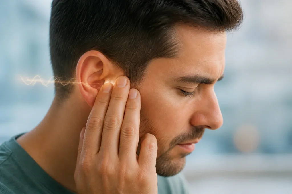 Homme touchant son oreille son interieur