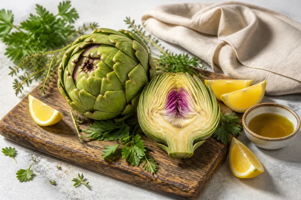 Artichauts frais et ingredients mediterraneens