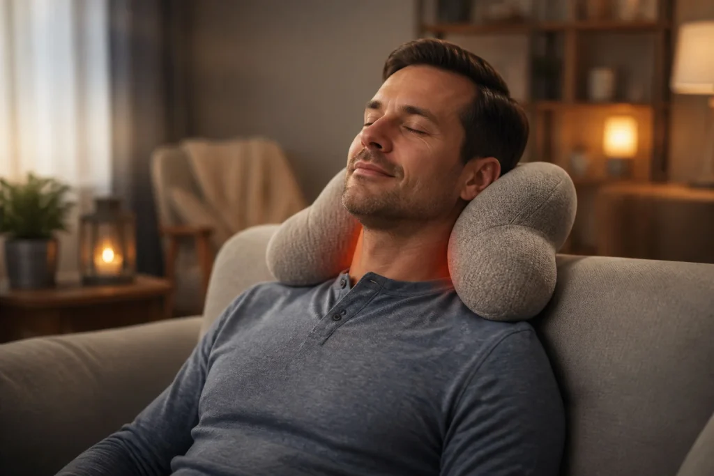 Homme detendu avec oreiller chauffant
