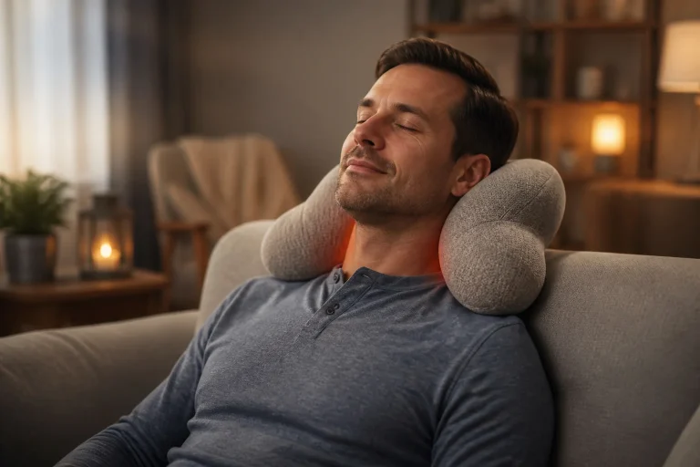 Homme detendu avec oreiller chauffant