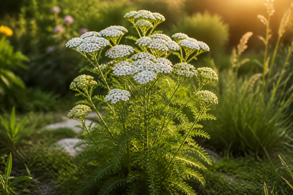 Achillee en pleine floraison au soleil couchant