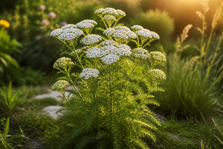 Achillee en pleine floraison au soleil couchant