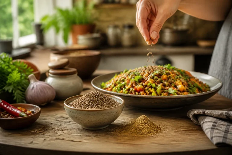 Assaisonnement de plat colore avec du cumin