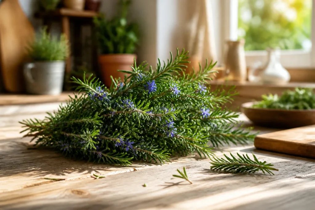 Bouquet de romarin frais sur bois