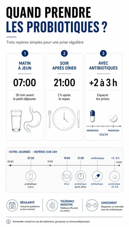 Quand prendre des probiotiques : visuel comparant le matin à jeun, le soir après dîner et la prise avec antibiotiques