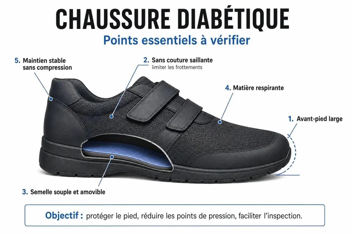 Chaussure diabétique illustrée avec les critères essentiels : largeur, semelle souple et matière respirante