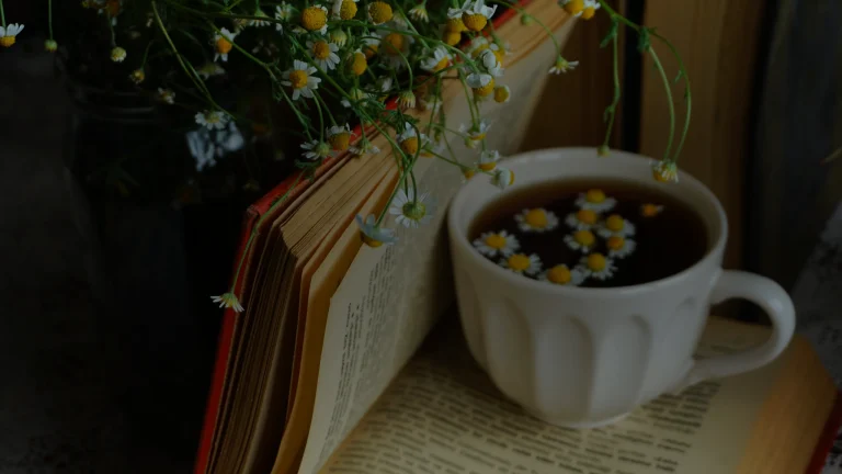 Une tasse de tisane posée sur un livre ouvert