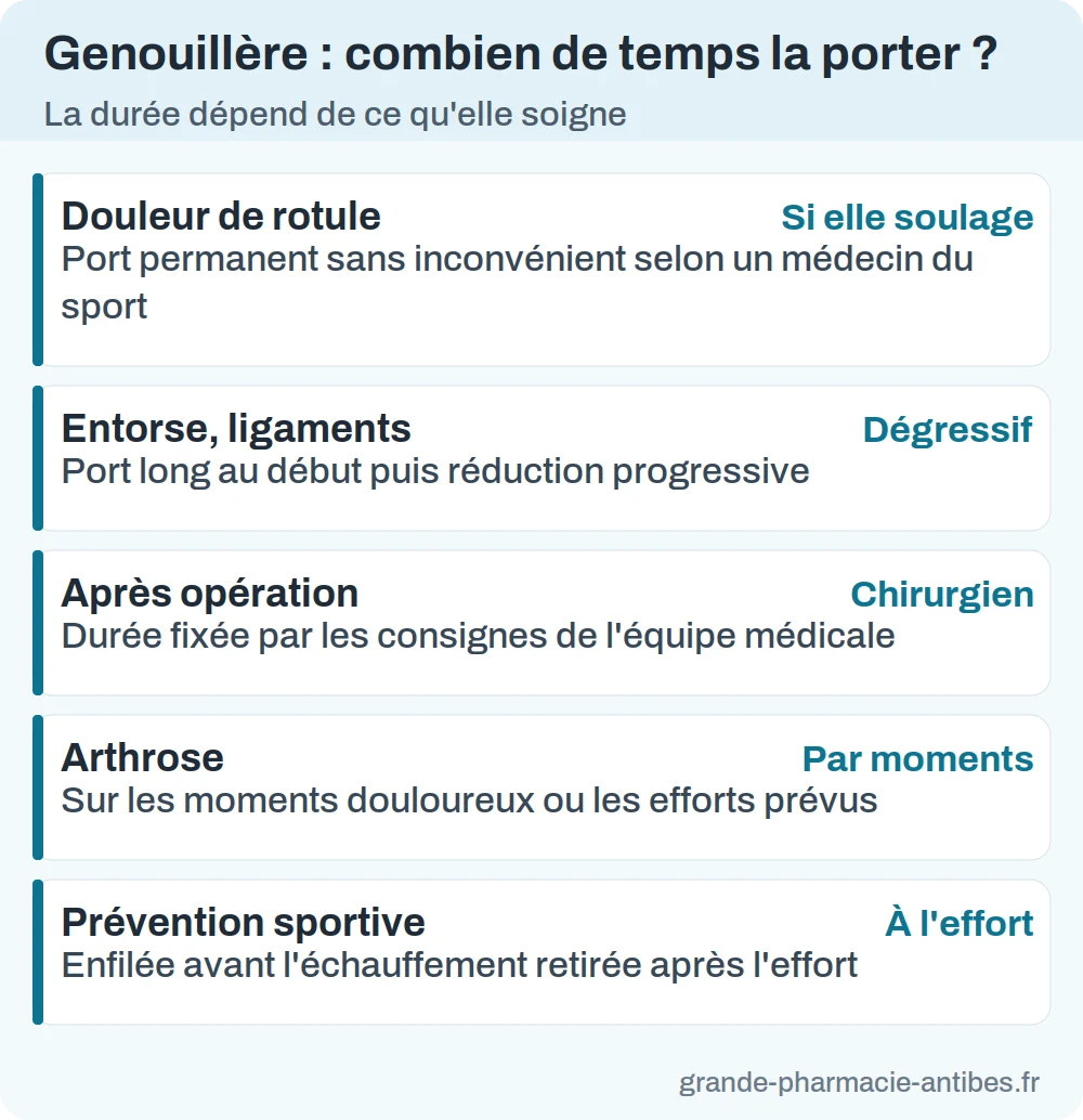 Infographie des durées de port d'une genouillère selon la situation : rotule, ligaments, opération, arthrose, sport