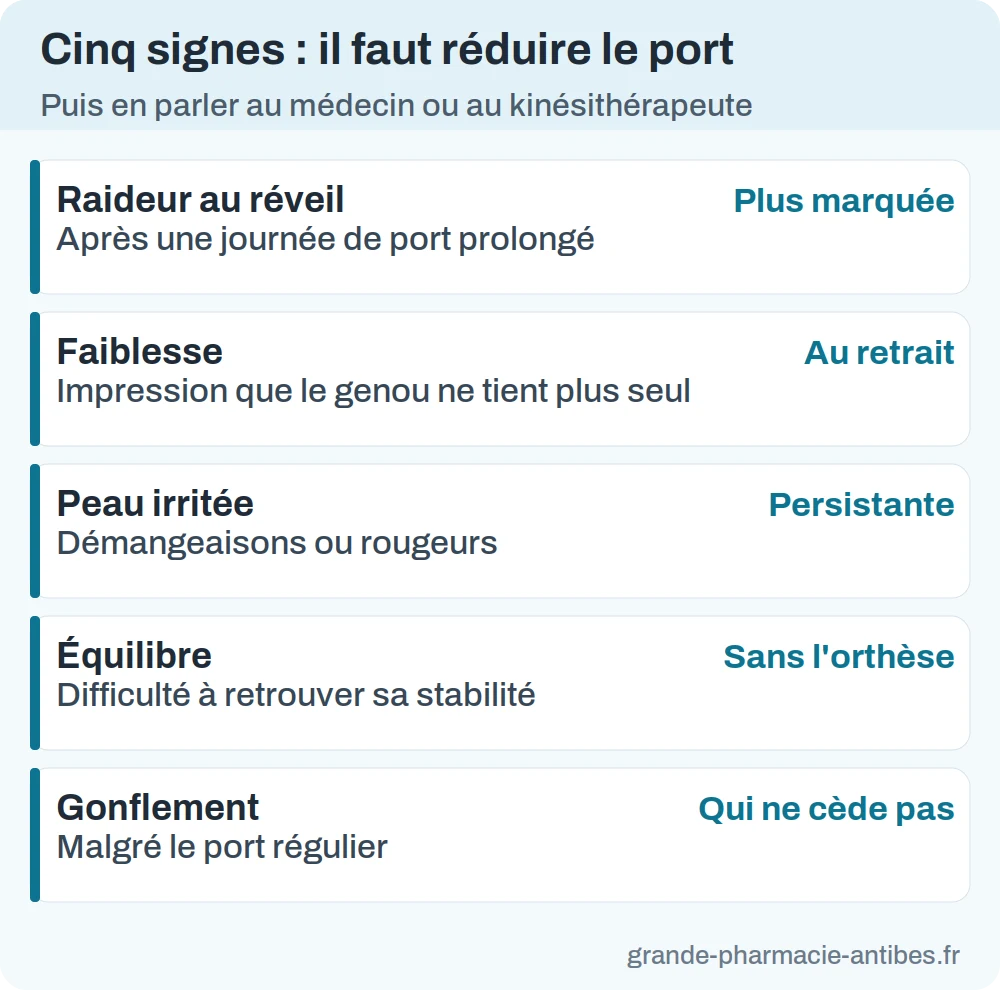Infographie des cinq signes indiquant qu'il faut réduire le temps de port d'une genouillère